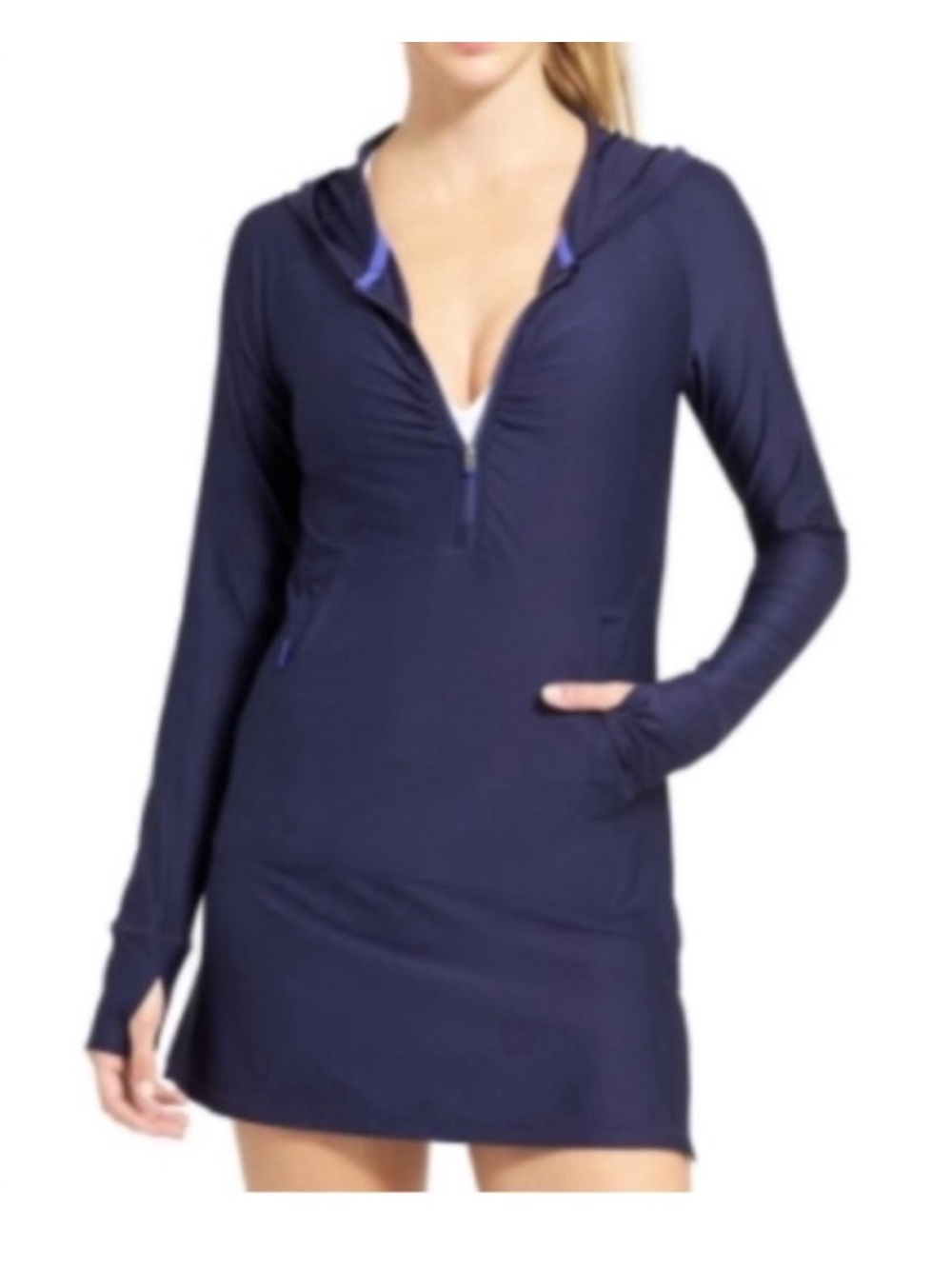 Athleta Wick-It Wader Hooded Coverup Zip Navy Medium NWOT
